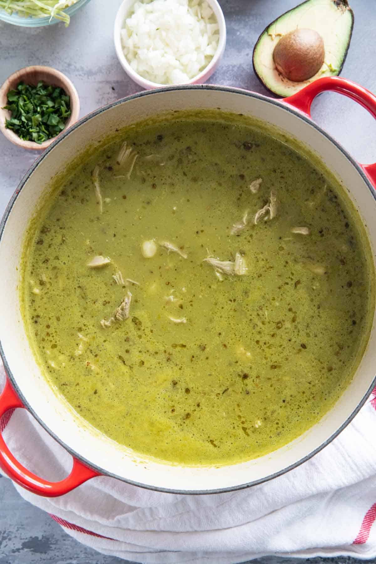 Pozole Verde in a soup pot.