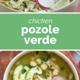 Pozole Verde collage with text bar in the middle.