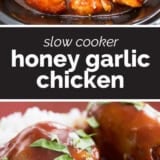 Slow Cooker Honey Garlic Chicken collage with text bar in the middle.