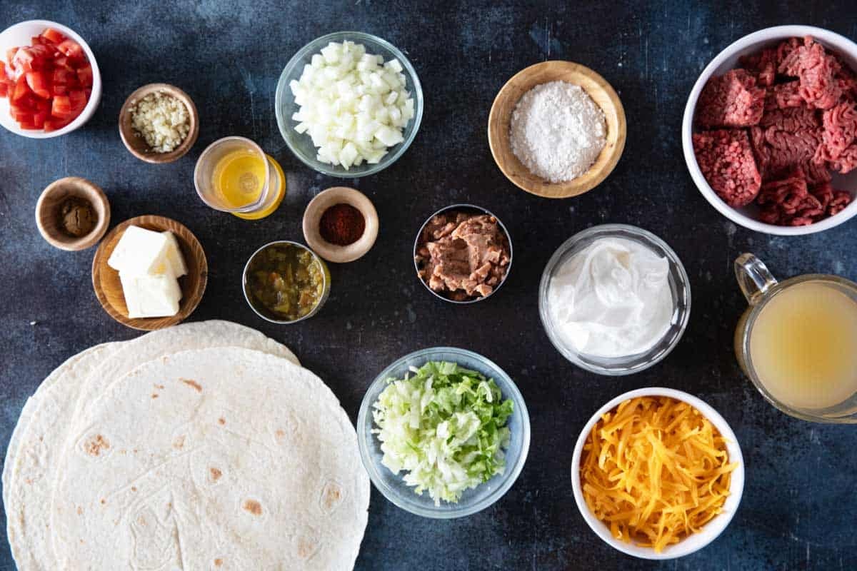 Ingredients for Smothered Burritos with Green Chile Sauce.