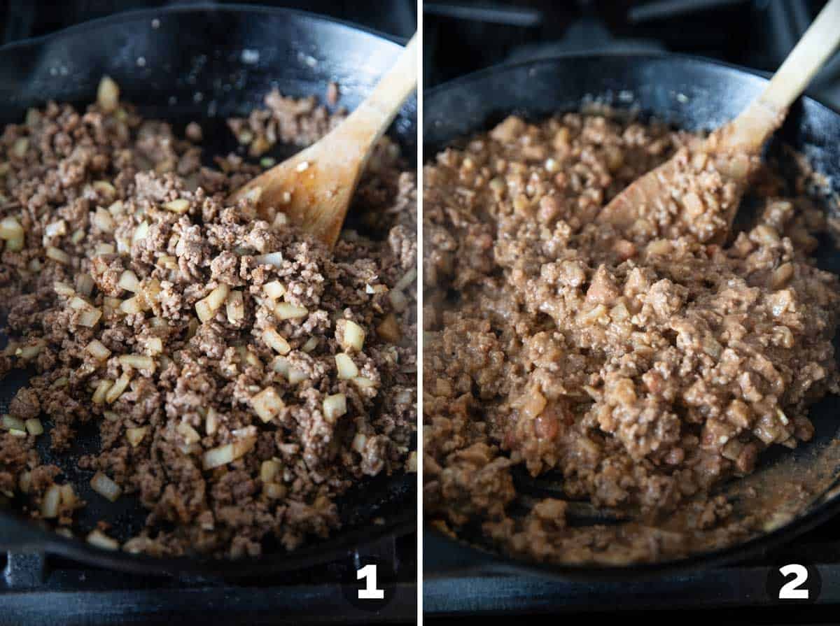 Making ground beef filling for Smothered Burritos.