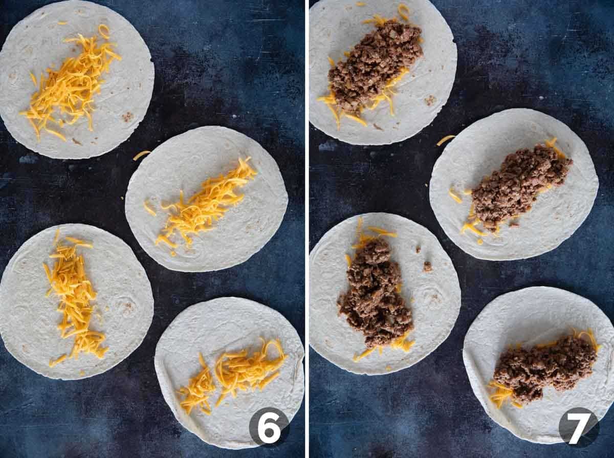 Assembling burritos with cheese, ground beef, and bean filling.