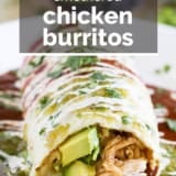 Chicken Burrito Recipe with Red and Green Sauce with text overlay.